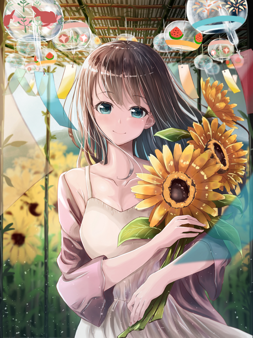 Anime girl with sunflowers and wind chimes