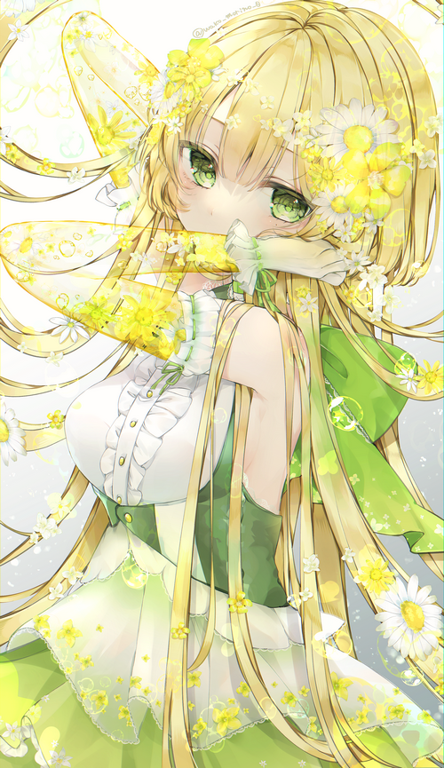Anime girl with blonde hair and green eyes surrounded by flowers