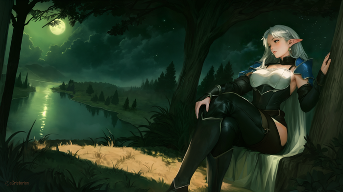 Elf girl by the lake under the moonlight