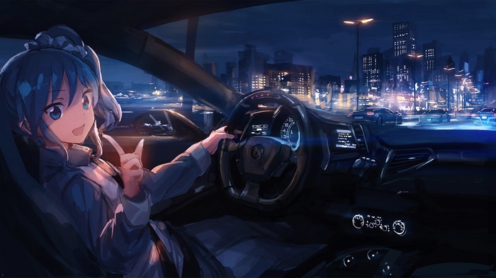 Anime girl driving a car at night in a city