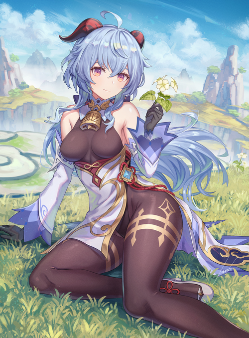 Ganyu from Genshin Impact holding a flower in a grassy field