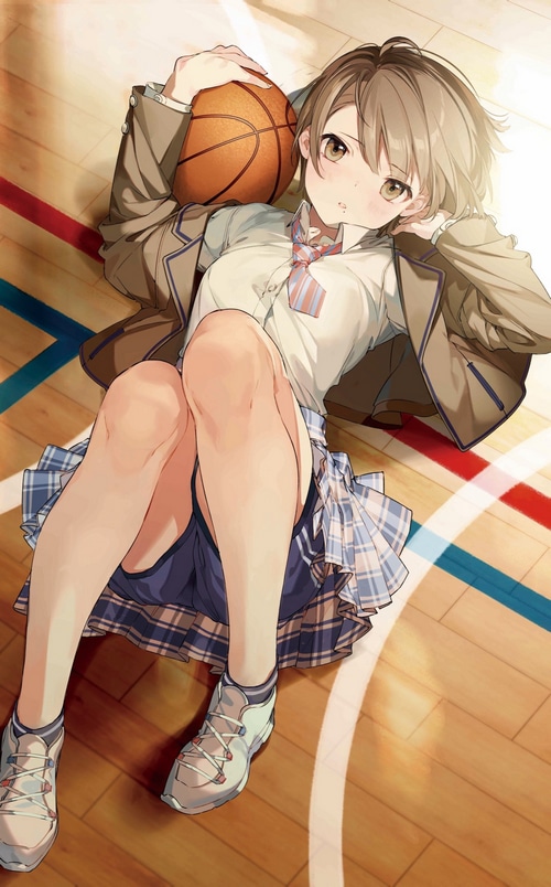 Anime girl in school uniform with basketball