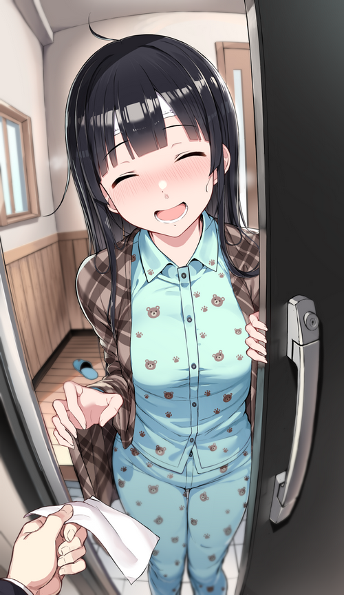 Anime girl in pajamas receiving a tissue