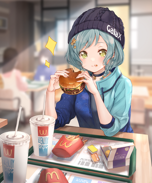 Anime girl with blue hair eating McDonald's burger and fries