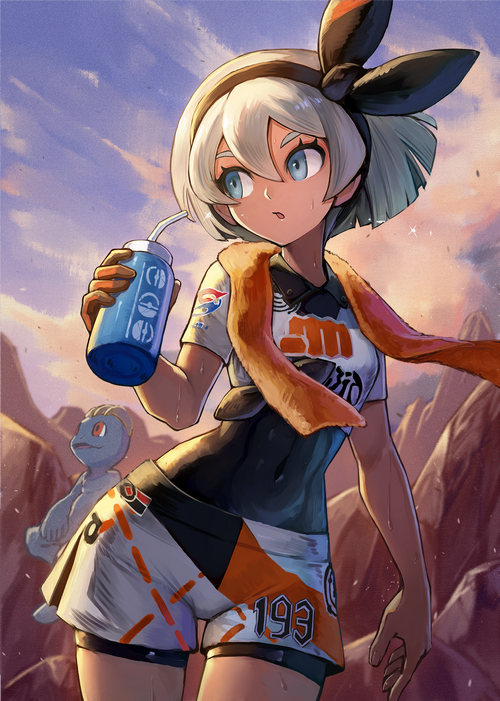 Bea from Pokémon drinking from a bottle
