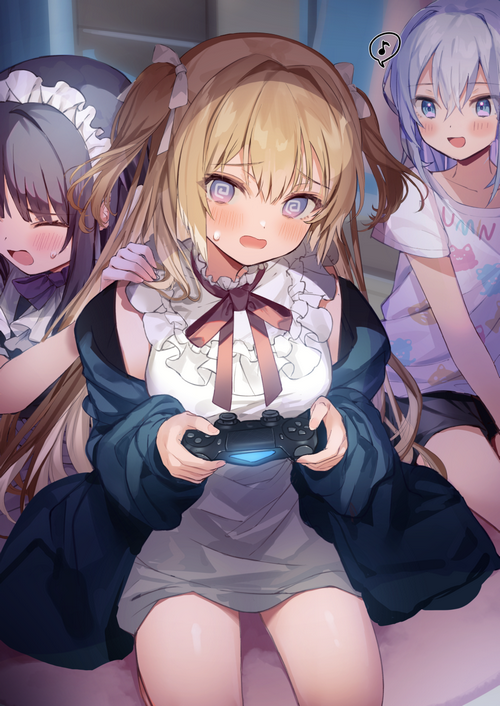 Anime girls playing video games with controllers