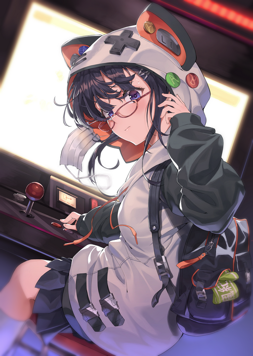 Anime girl with glasses playing arcade cabinet