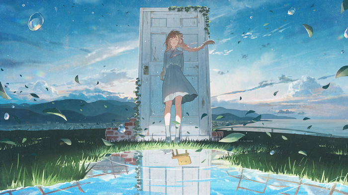 Anime girl in dress by a door with leaves and water
