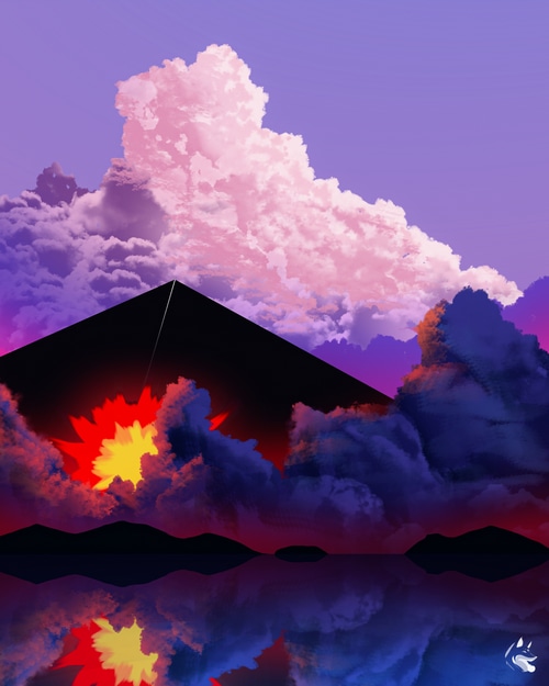 Black pyramid with explosion in front of pink and purple clouds