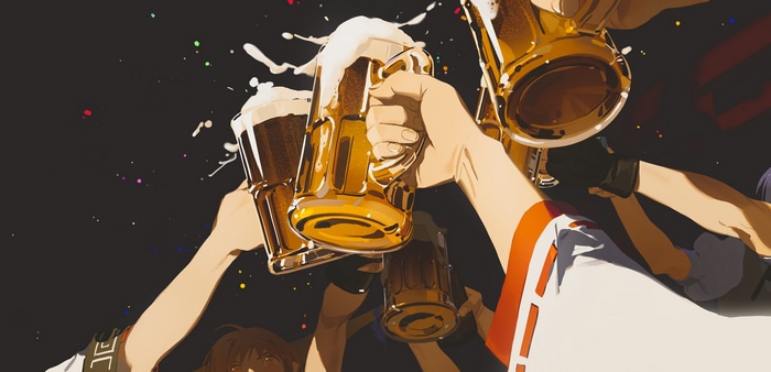 Anime boys toasting with beer mugs with confetti