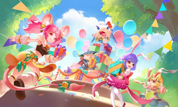 Characters celebrating with presents and balloons