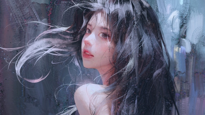 Anime woman with dark hair and one bare shoulder