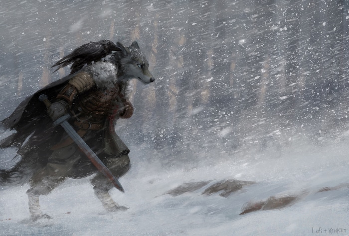 Wolf warrior with sword and crow in a snowstorm