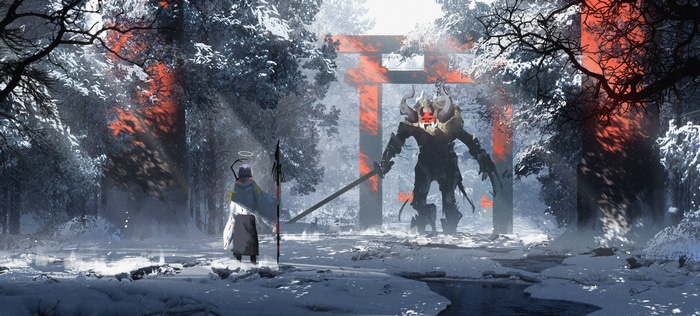 4K fantasy art of a demon and a warrior at a torii gate in winter