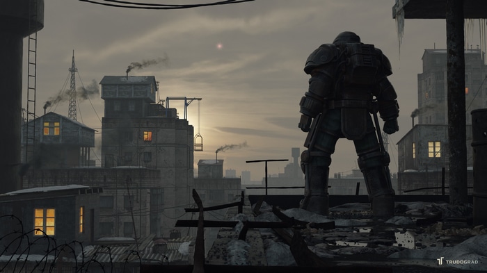 Trudograd exosuit stands on a rooftop overlooking a city