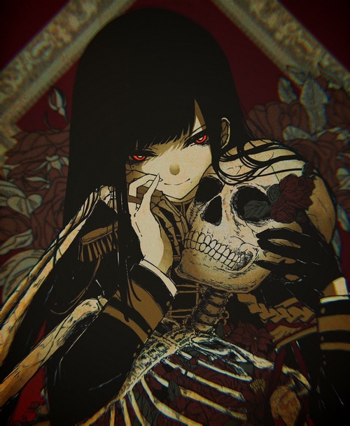 Girl with red eyes holding a skeleton and rose