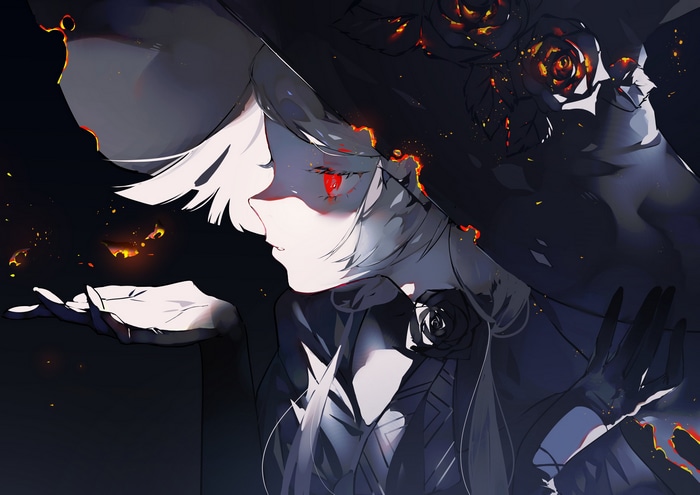 Witch with red eyes and a witch hat