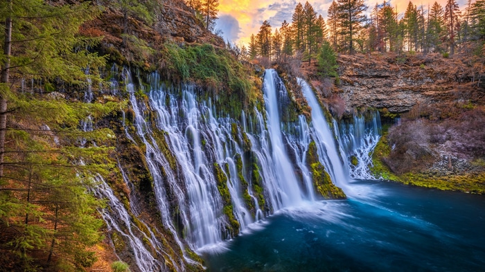 4K Burney Falls Waterfall in California at Sunset