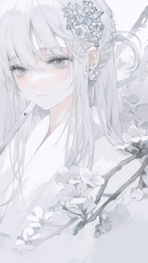 Anime girl with white hair and flowers