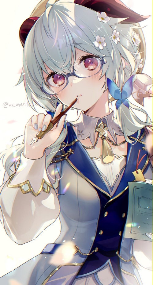 Ganyu from Genshin Impact wearing glasses and flowers in hair