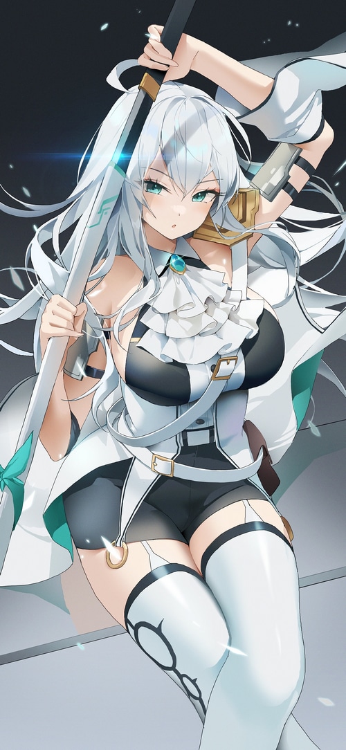 Anime girl with white hair holding a sword