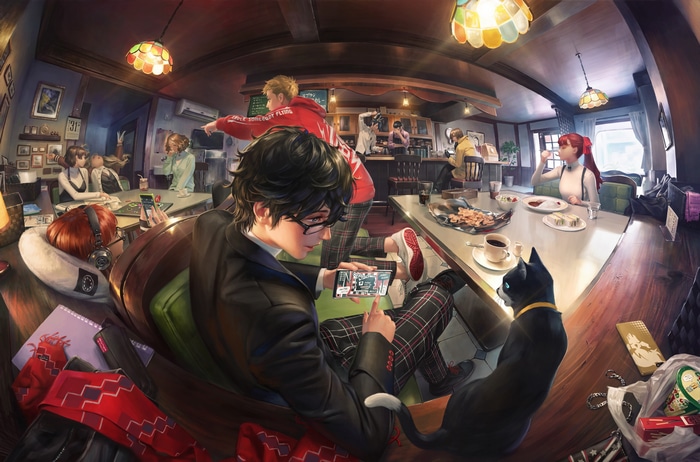 Persona 5 characters in a cafe with Morgana