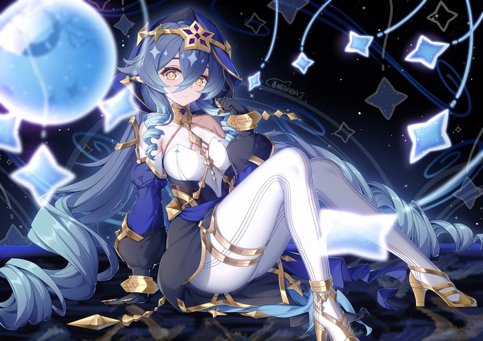 Layla from Genshin Impact with blue hair and yellow eyes