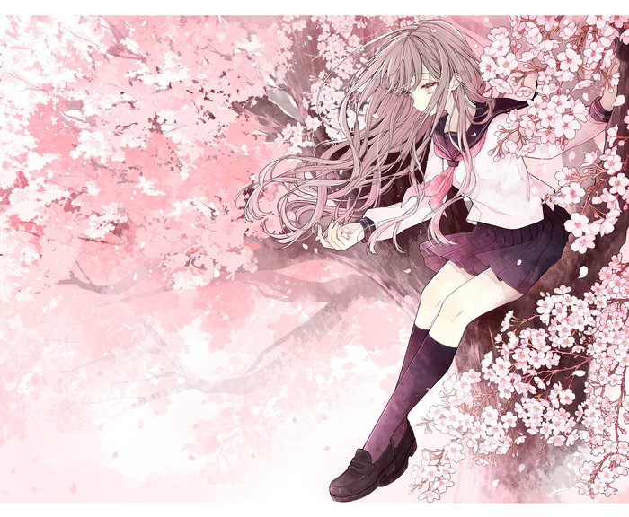 Girl in school uniform sitting in a cherry blossom tree