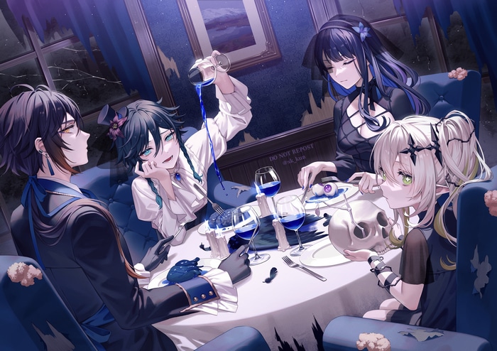 Genshin Impact characters at a spooky dinner