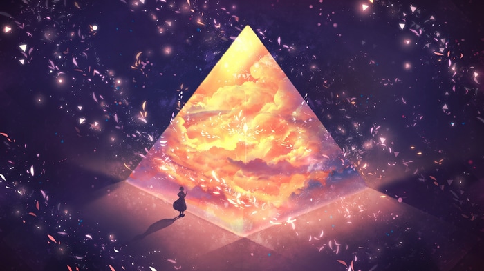 Artwork of a girl and a pyramid with a fiery sky