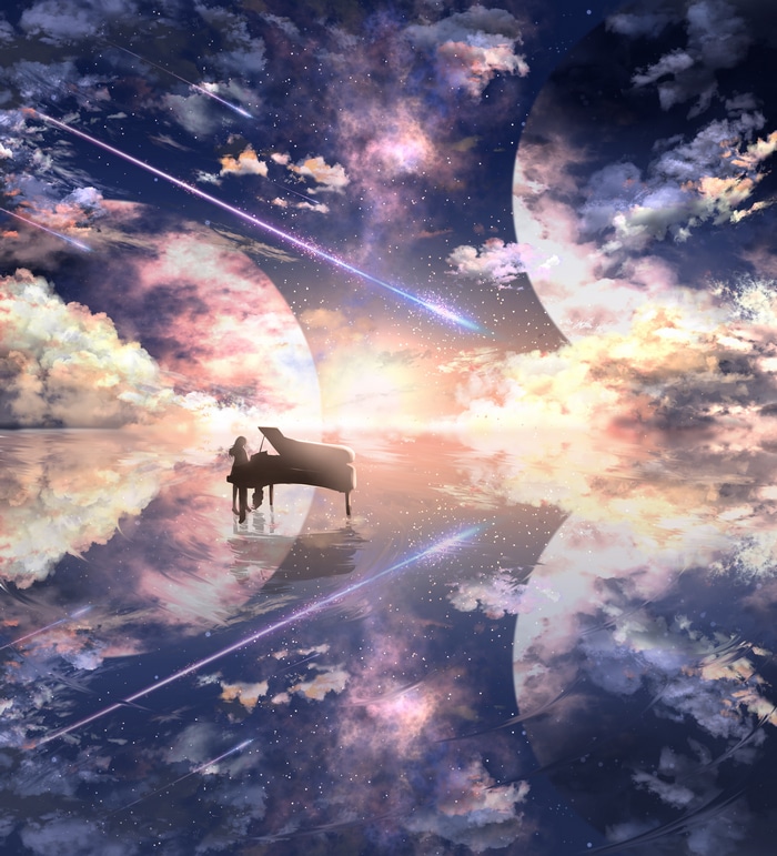 4K piano and clouds reflection