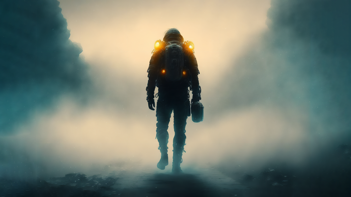 Astronaut walking through mist with glowing lights