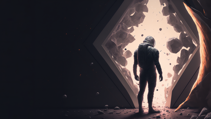 Astronaut standing at a rocky portal