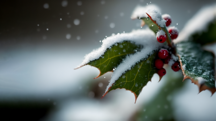 Holly leaves and berries covered in snow