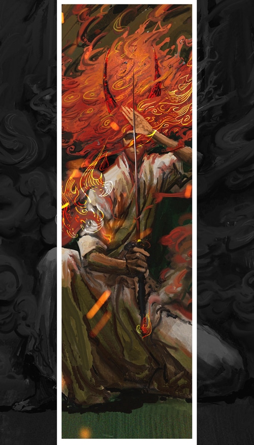 Artwork of a figure engulfed in flames with horns