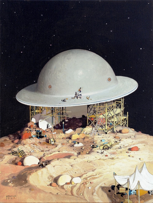 Cats building a structure under a giant helmet in space