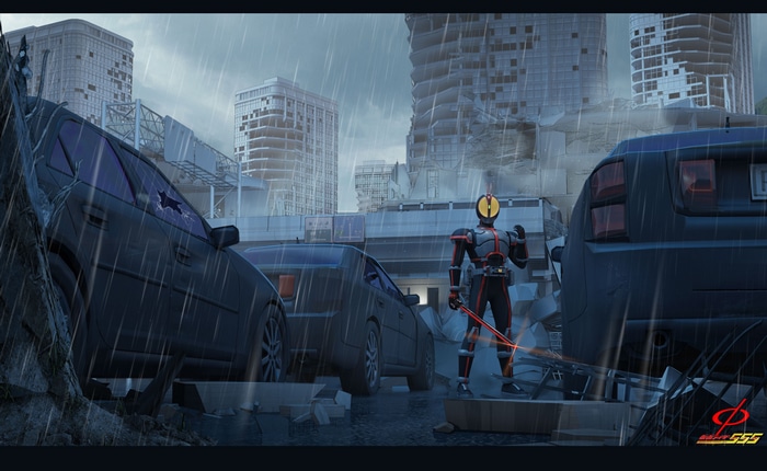 Kamen Rider 555 in a destroyed city during rain
