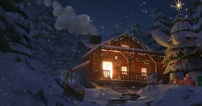 4K Christmas cabin in a snowy forest with a snowman and tree