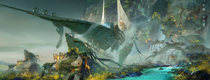 Fantasy art of a ship in a mystical landscape
