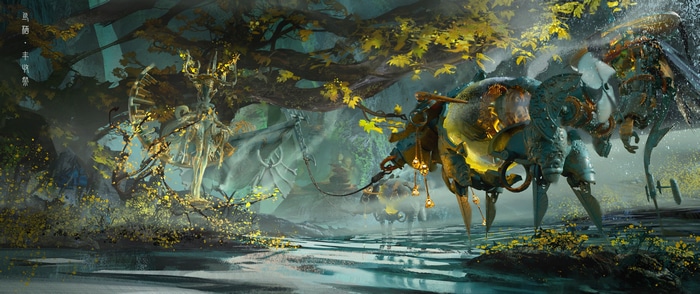 Fantasy art of a mechanical creature in a forest