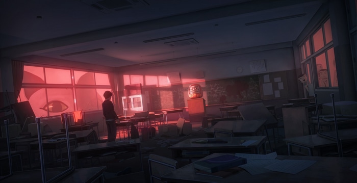 Anime classroom with a student and a large eye reflection