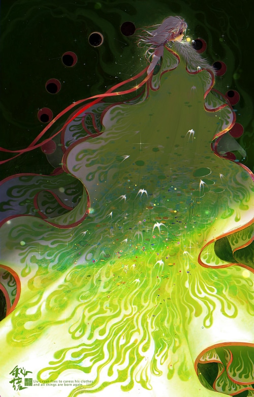Fantasy artwork of a girl with flowing green dress