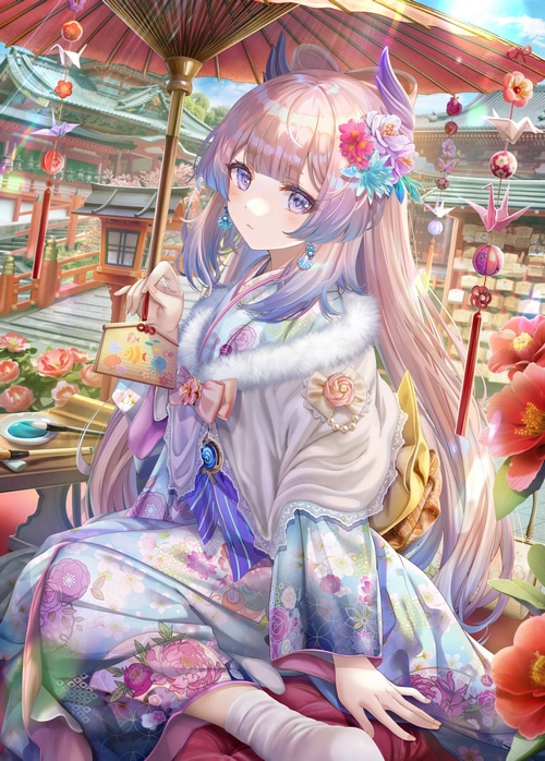 Sangonomiya Kokomi with umbrella and flowers