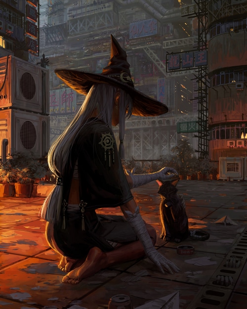 4K Witch and Cat in Cyberpunk City