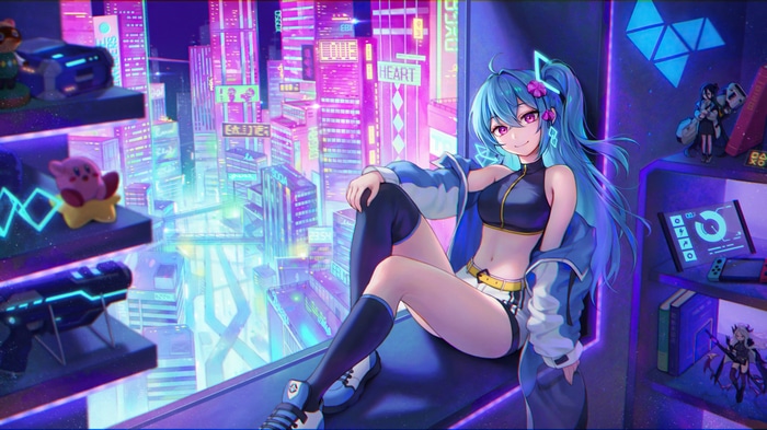 Anime girl with blue hair in a neon city