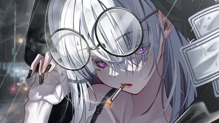 Anime girl with glasses smoking in the rain