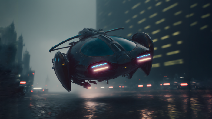 Futuristic spaceship flying over a wet city street at night