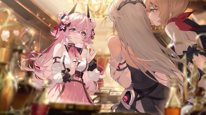 Anime girls with horns and flowers in hair at a bar