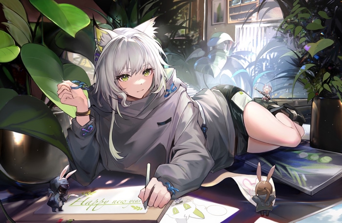 4K Arknights Kaltsit writing Happy New Year with chibi figures