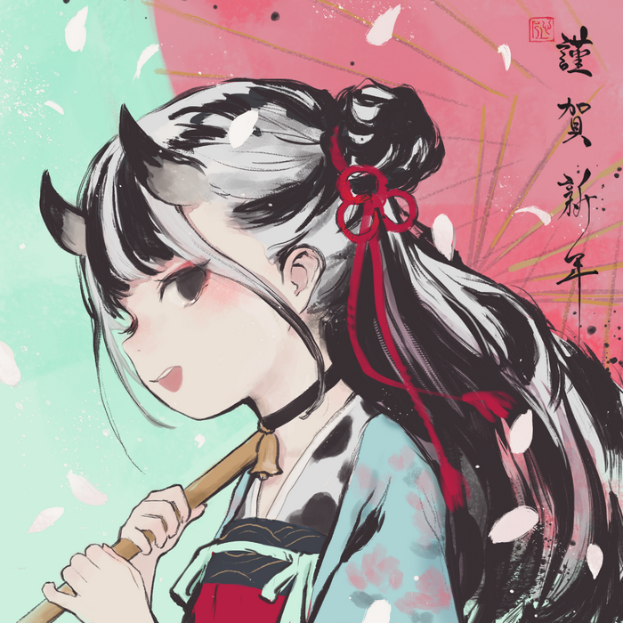 Anime girl with horns holding an umbrella
